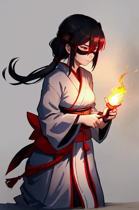 female samurai with blindfold and flame in hand