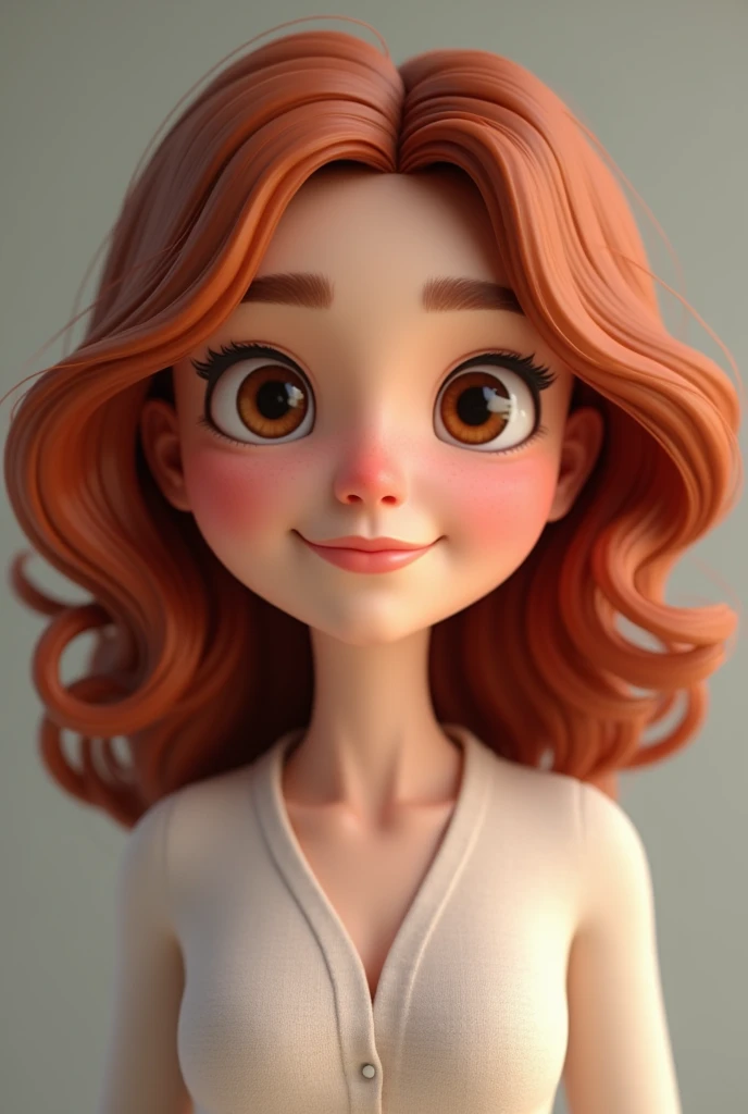 Create an image of a round-faced female avatar with dark reddish-brown curly hair and light skin and brown eyes animation for a corporate image with facial expression would be in 3d