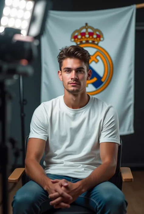 The young man wearing a white t shirt sitting on a chair looking straight to the camera with cinematic YouTube studio with real Madrid football flag, 