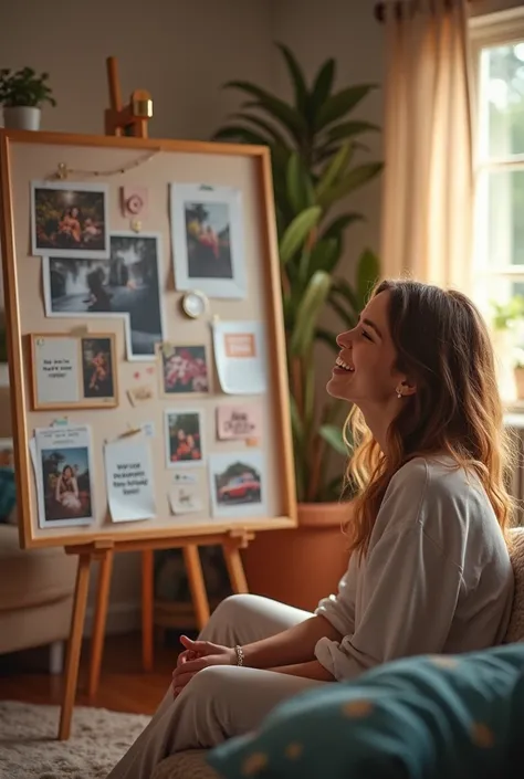 Person smiling while looking at a vision board