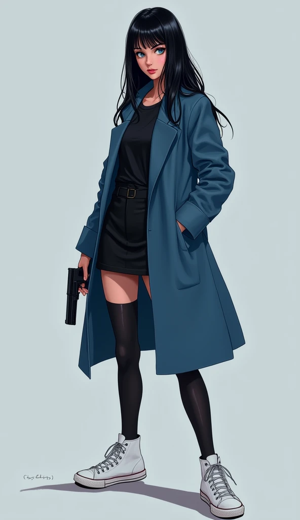 The young woman blue eyes long black hair wear a long blue coat, black shirt, black pencil skirt, black underpants, long black tights, black socks, white sneakers high top, her left hand holding a one pistol gun, light grey background, cartoon novel, 4K, H...