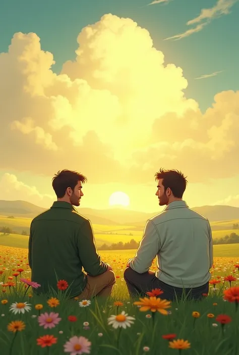 Two men sitting talking far from each other, in the background a beautiful landscape like a green field full of flowers, a radiant sky in the late afternoon