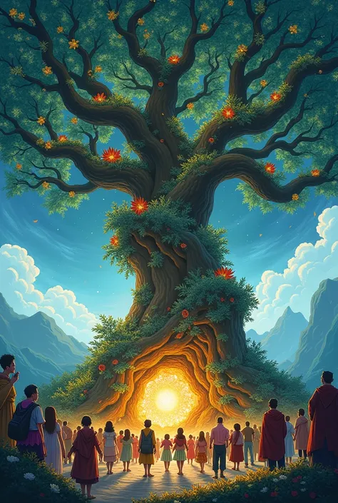 Several people celebrating around a giant magical tree. Very detailed art. drawing style, filled line art, 2d.