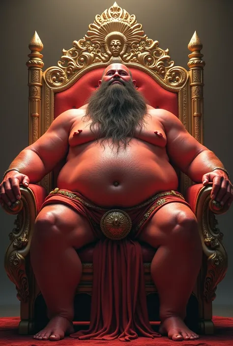 god on his throne ruling, skin red, Open legs, hair from navel to groin, Swim trunks with bulge, Chubby, Hairy, Bearded, high resolution, ultra-detailed , sharp focus, intricate details