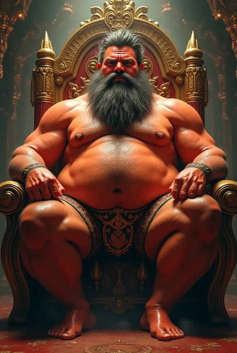 god on his throne ruling, skin red, Open legs, hair from navel to groin, Swim trunks with bulge, Chubby, Hairy, Bearded, high resolution, ultra-detailed , sharp focus, intricate details