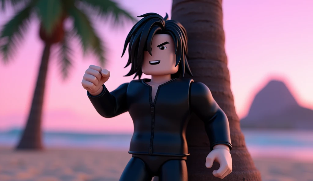 Handsome tall square Roblox male doll, with long black rocker hair, emo clothes and no lips, white skin, no mouth, and beautiful body, Fist pose, leaning on a palm tree, cartoon, Vice City GTA, stone mountain background on the beach with pink sky