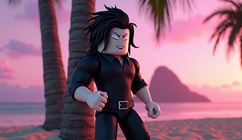 Handsome tall square Roblox male doll, with long black rocker hair, emo clothes and no lips, white skin, no mouth, and beautiful body, Fist pose, leaning on a palm tree, cartoon, Vice City GTA, stone mountain background on the beach with pink sky