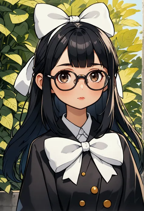 A girl with medium-long black hair with Korean bangs,glasses and a big white bow 