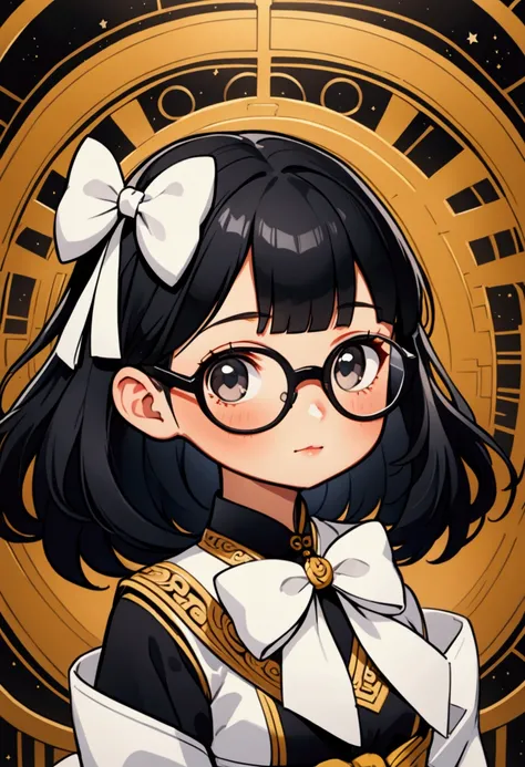 A girl with medium-long black hair with Korean bangs,glasses and a big white bow 