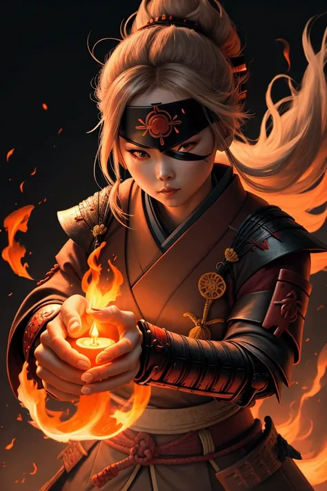 female samurai with blindfold and flame in hand