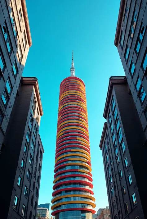 there is a tall building in the background with a blue sky, red - yellow - blue building, architectural shot, the neat and dense buildings, architecture photo, rounded architecture, architecture photography, low angle dimetric composition, city streetscape...