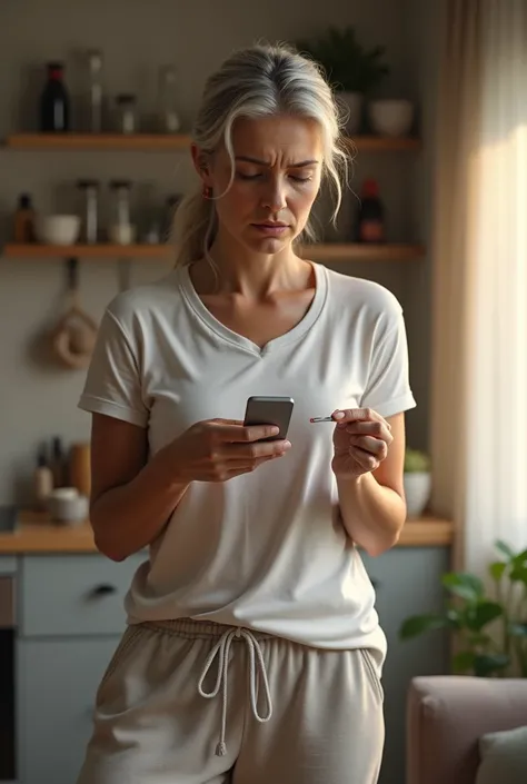 image of a woman in normal home clothes checking her blood sugar, ultra-realistc