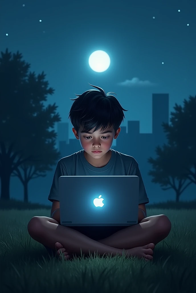 A boy who coding out side at dark night 