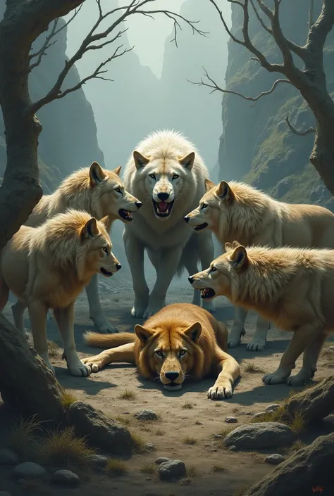 A pack of wolves defeating a defeated lion