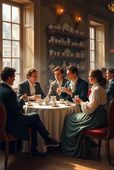 Townspeople drinking coffee in a German coffee house in 1800