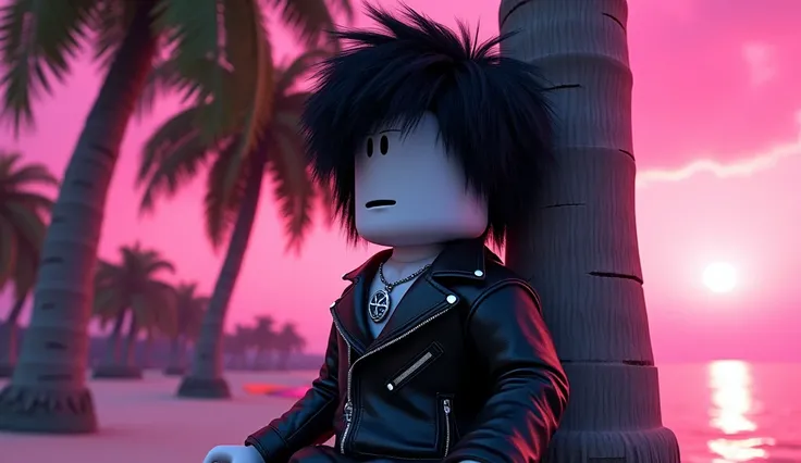 Handsome tall square Roblox male doll, with long black rocker hair, emo clothes and no lips, white skin, no mouth, and beautiful body, Dominant and funny pose, leaning on a palm tree, cartoon, Vice City GTA, stone mountain background on the beach with pink...