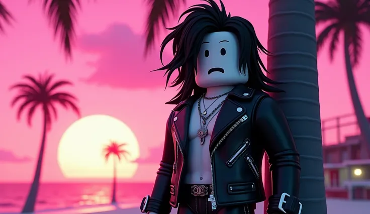 Handsome tall square Roblox male doll, with long black rocker hair, emo clothes and no lips, white skin, no mouth, and beautiful body, Dominant and funny pose, leaning on a palm tree, cartoon, Vice City GTA, stone mountain background on the beach with pink...