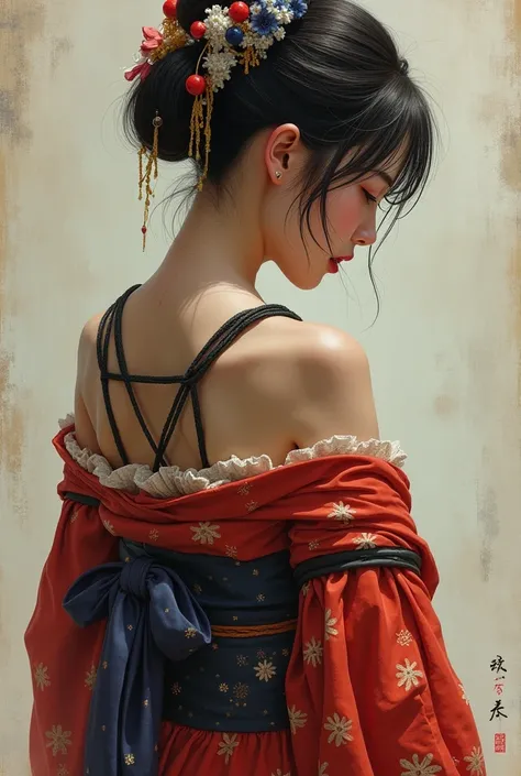 ((Highest quality)), ((masterpiece)), (detailed),Realistic、 One girl, sexy、A woman in a kimono、Painful face、Being restrained、Back view、Portrait