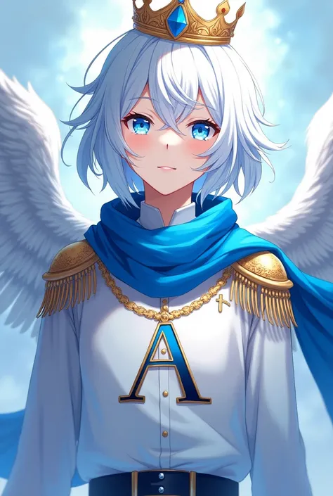 Make an anime character with white hair, blue eyes, male with a blue scarf, white shirt with the letter A printed on the shirt with wings on the side of the letter A and a crown on top of the letter A