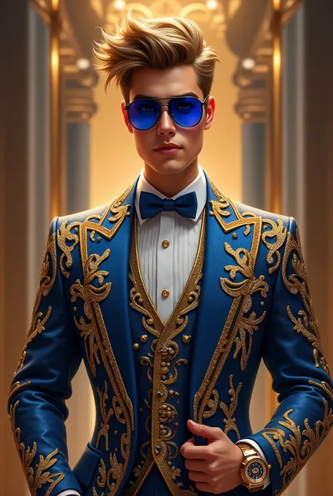 Create a young 1 American man and he is billionaire and the king in the world. The boy clothes about 500 billion dollars sut .sut make it  gold and blue diamond about 5 billion dollar 
In realistic . man hair is look like Justin Bieber . Man hand about 200...