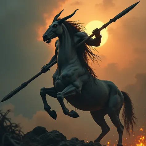 a Centaur, Dreadlocks, Toned Muscles, Hold a long spear with both hands, Grim face, Cool silhouette, Impact with flame spark. Beautiful cinematic lighting, surreal, color graded, dynamic movement, captivating chiaroscuro, full body, award-winning, cinemati...