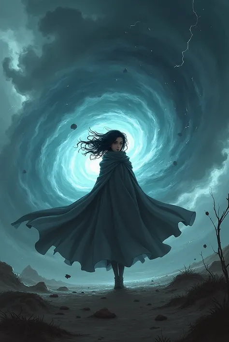 A dark-haired teenager in a cape and gray clothes,  using magic to create a tornado and strong winds