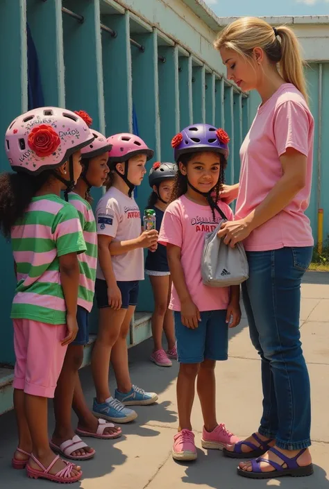 Sent by you:
A modern realistic oil painting of a woman soccer coach with a pile of bike helmets next to her in a changing shed. Children aged three years old without bike helmets, wearing pink and green soccer uniforms, are lining up to have their bike he...