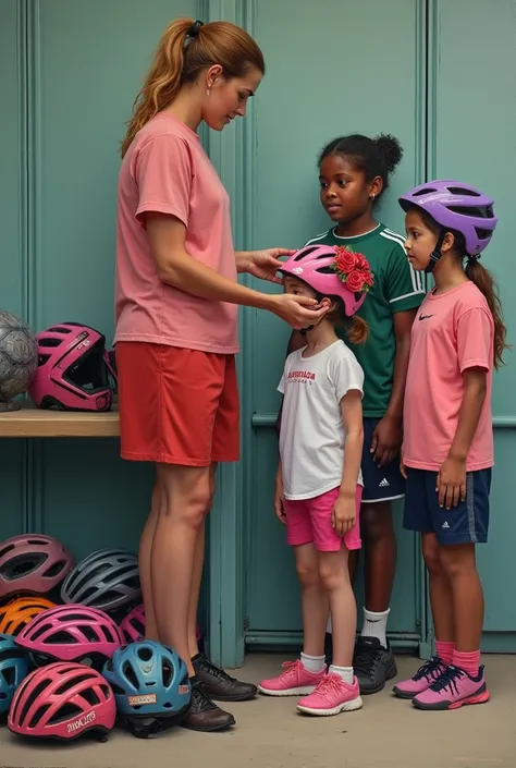 Sent by you:
A modern realistic oil painting of a woman soccer coach with a pile of bike helmets next to her in a changing shed. Children aged three years old without bike helmets, wearing pink and green soccer uniforms, are lining up to have their bike he...