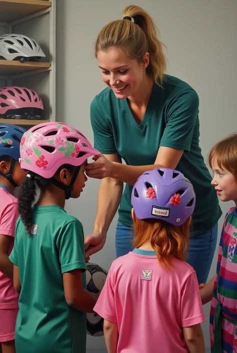 Sent by you:
A modern realistic oil painting of a woman soccer coach with a pile of bike helmets next to her in a changing shed. Children aged three years old without bike helmets, wearing pink and green soccer uniforms, are lining up to have their bike he...