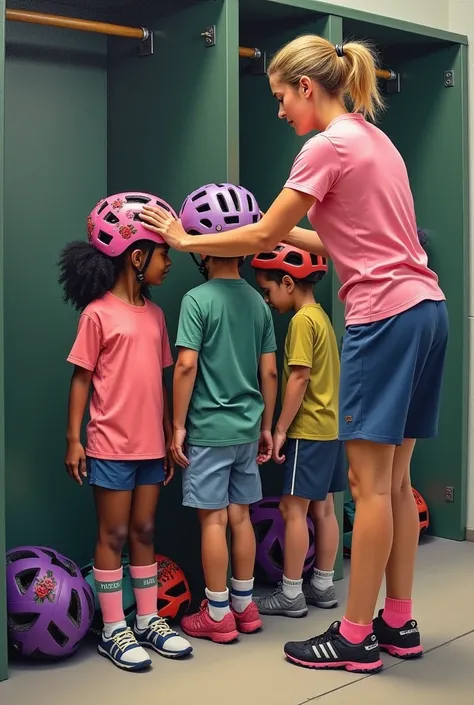 Sent by you:
A modern realistic oil painting of a woman soccer coach with a pile of bike helmets next to her in a changing shed. Children aged three years old without bike helmets, wearing pink and green soccer uniforms, are lining up to have their bike he...