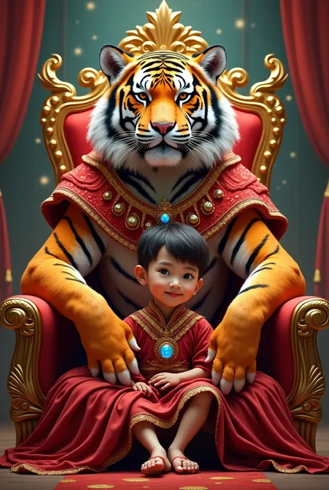 One tiger in red diamond costum.  tiger with one boy and sitting on golden chair





