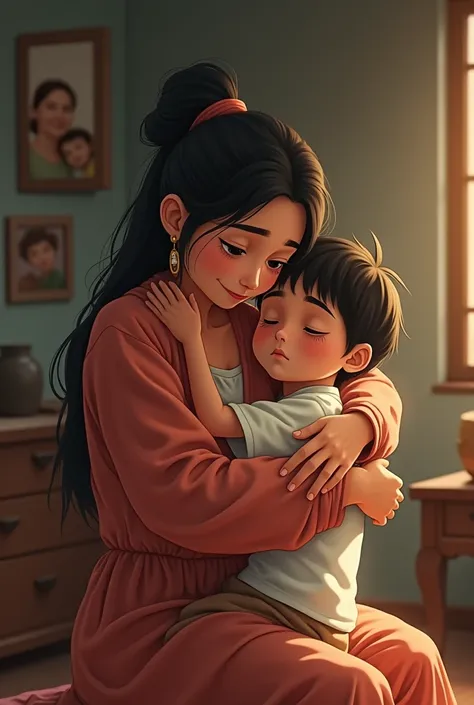 Ramu’s mother hugging him warmly at their home. Ramu, with tears in his eyes, is comforted by his mothers embrace. The setting is their simple home, reflecting their humble life, with a sense of warmth and love in the scene.