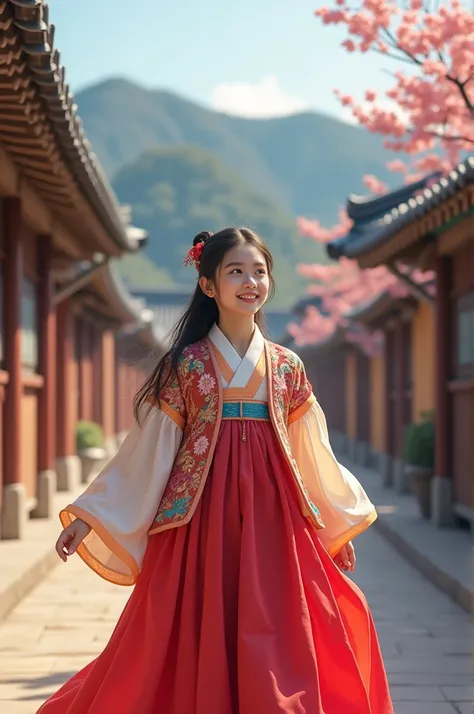 tourist girl, hanbok dress, girl enjoy exploring south korea, famous south korean place