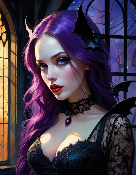 sexy girl, long purple hair, very sexy gothic dress, stockings, medium breasts, bats, candles, night, large window, magic, fantasy,(best quality, 4k, 8k, high resolution, masterpiece: 1.2), ultra-detailed, (realistic, photorealistic, photorealistic: 1.37),...