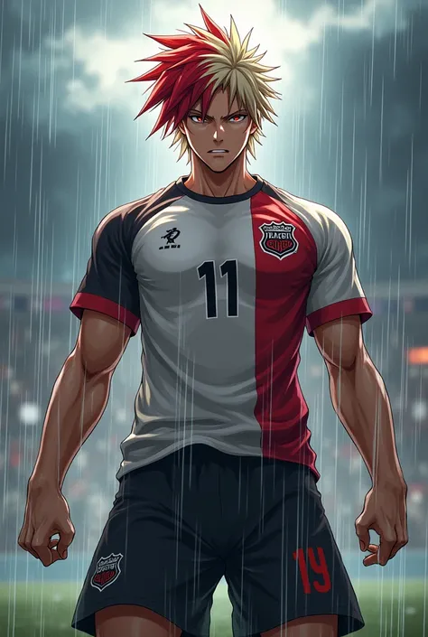 Create a highly detailed image of Ren Hayato, a fierce and impulsive 1 soccer player. He has a muscular and agile build, standing at 1.85 meters tall, with platinum blonde hair that is messy and spiked, featuring a distinct red streak in the front. His eye...