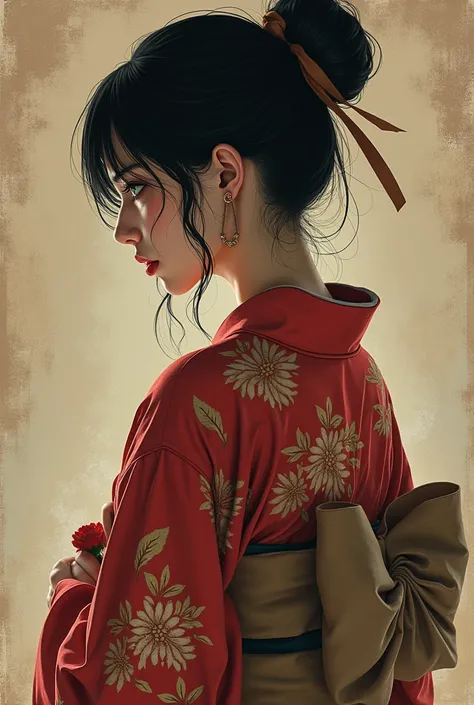 ((Highest quality)), ((masterpiece)), (detailed),Realistic、 One girl, sexy、A woman in a kimono、Painful face、Back view、Portrait、Kimono patterns in a Showa retro style