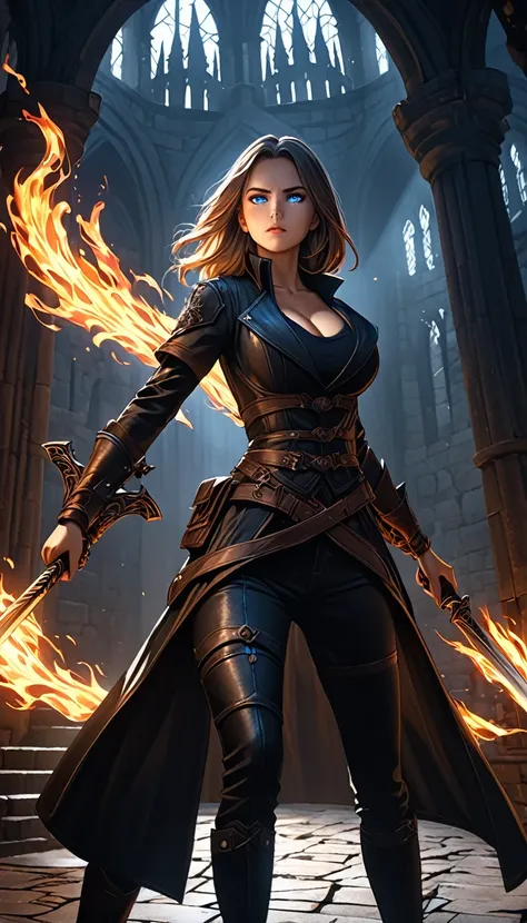 a woman wielding dual swords, fighting in a castle dungeon, powerful aura,flames, wearing a black shirt with cleavage, large breasts, black pants, black boots, and a black coat, with blue eyes,(best quality,4k,8k,highres,masterpiece:1.2),ultra-detailed,int...