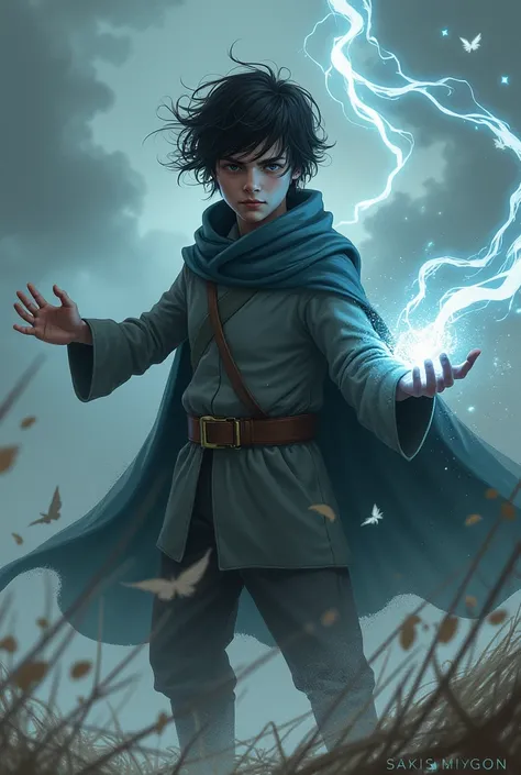 A dark-haired teenager in a cape and gray clothes,  using magic to create strong winds