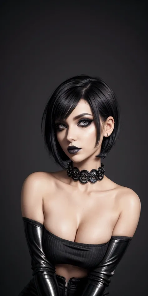 girl, woman, emo_hairstyle, black lipstick, collar, Eyeliner, eyeshadow, smoky eyes, realistic lighting, short hair, split, sweater dress, from the shoulder, hips, Strapless, Shiny skin, all fours, arched back, big breasts.