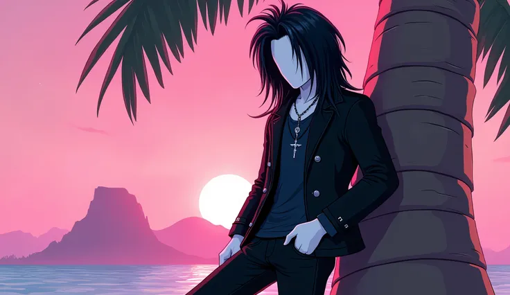 Handsome tall square Roblox male doll, with long black rocker hair, emo clothes and no lips, white skin, no mouth, and beautiful body, leaning on a palm tree, cartoon, Vice City GTA, stone mountain background on the beach with pink sky