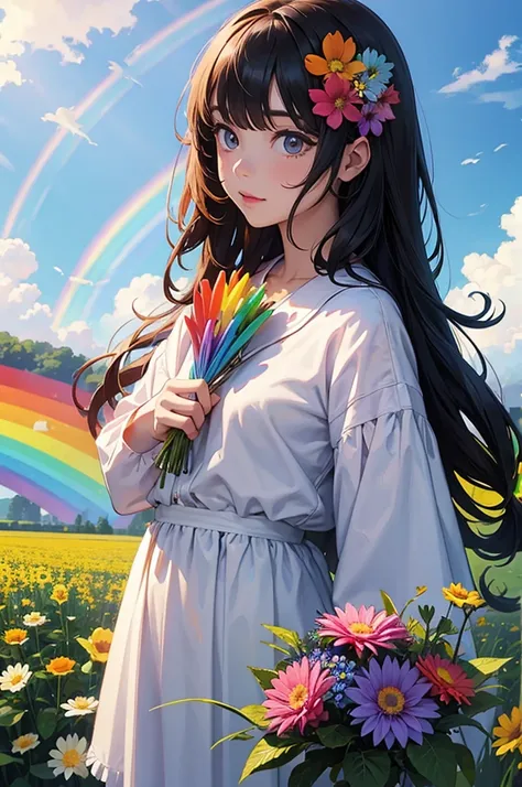 Girl with long hair and rainbow color, upper body, flower field, big flower