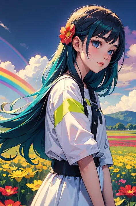 Girl with long hair and rainbow color, upper body, flower field, big flower