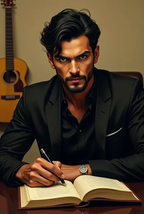 A man with a small beard, your gaze is striking and dominating, your eyebrow is thin, her hair is wavy black and her skin color is tanned yellow. He is sitting in a black suit, and writing in a book with his left hand. A beige wall with a dark environment ...