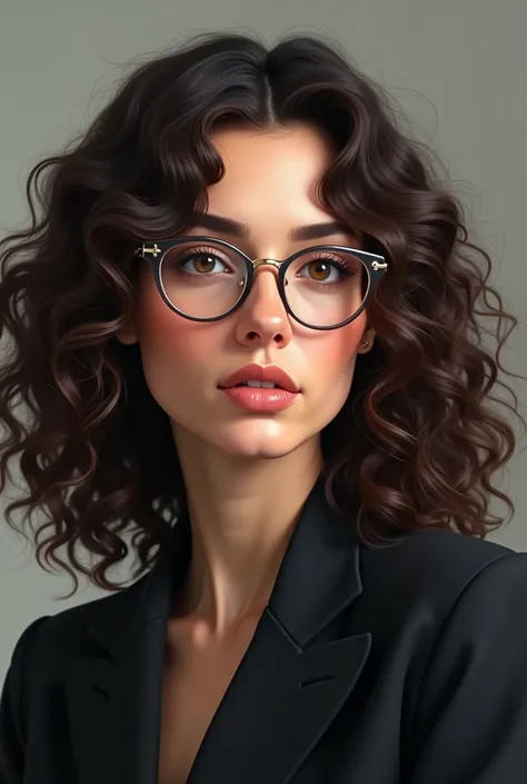 Draw a picture of a person with hair down to their breasts, com curvatura 3A 3B, Caucasian skin, eyes browns, slightly thick eyebrow, half round eyes, small mouth with larger lower lips, medium nose, with dark academic outfit mbti Infj style with thin roun...