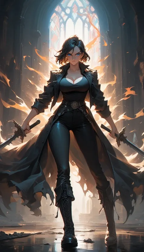 a woman wielding dual swords, fighting in a castle dungeon, powerful aura,flames, wearing a black shirt with cleavage, large breasts, black pants, black boots, and a black coat, with blue eyes,(best quality,4k,8k,highres,masterpiece:1.2),ultra-detailed,int...