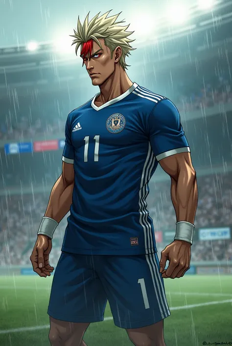 Create a highly detailed image of Ren Hayato, a fierce and impulsive 1 soccer player. He has a muscular and agile build, standing at 1.85 meters tall, with platinum blonde hair that is messy and spiked, featuring a distinct red streak in the front. His eye...