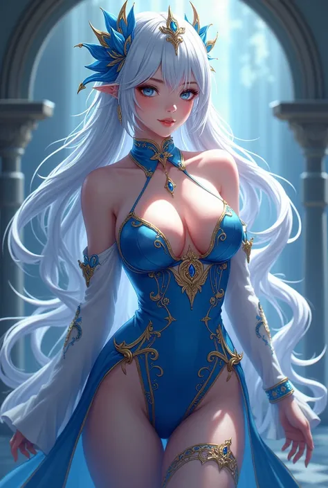 The  named Furina. Shes from Genshin Impact. She is the archon of Fontaine. She has white blue hair and a very sexy dress. Make her more sexy. She has big boobs