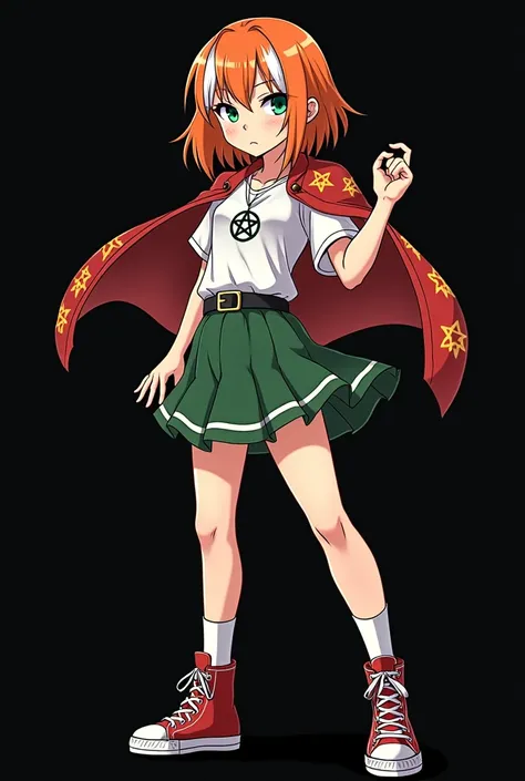 full image of an  girl, personagem do anime "JUJUTSU KAİSEN", with medium length straight fire-colored hair with two white highlights in the front, framing your face, blue-green eyes and pale skin. she is a Wiccan, she is in fighting pose. she wears a pent...