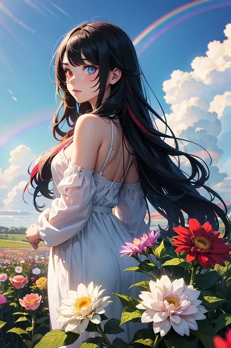 Long hair, rainbow-colored girl, heterochromia, upper body, flower field, big flower