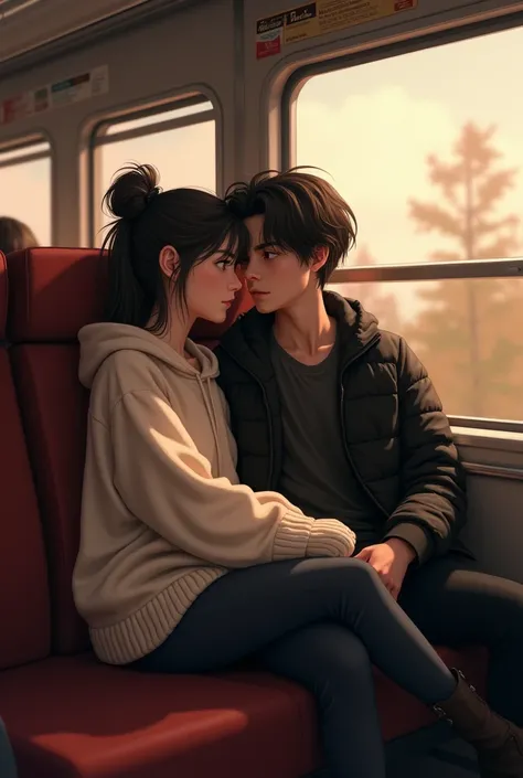 A girl who waer oversize sweater and the boy waer a black jaket the seat in a train
